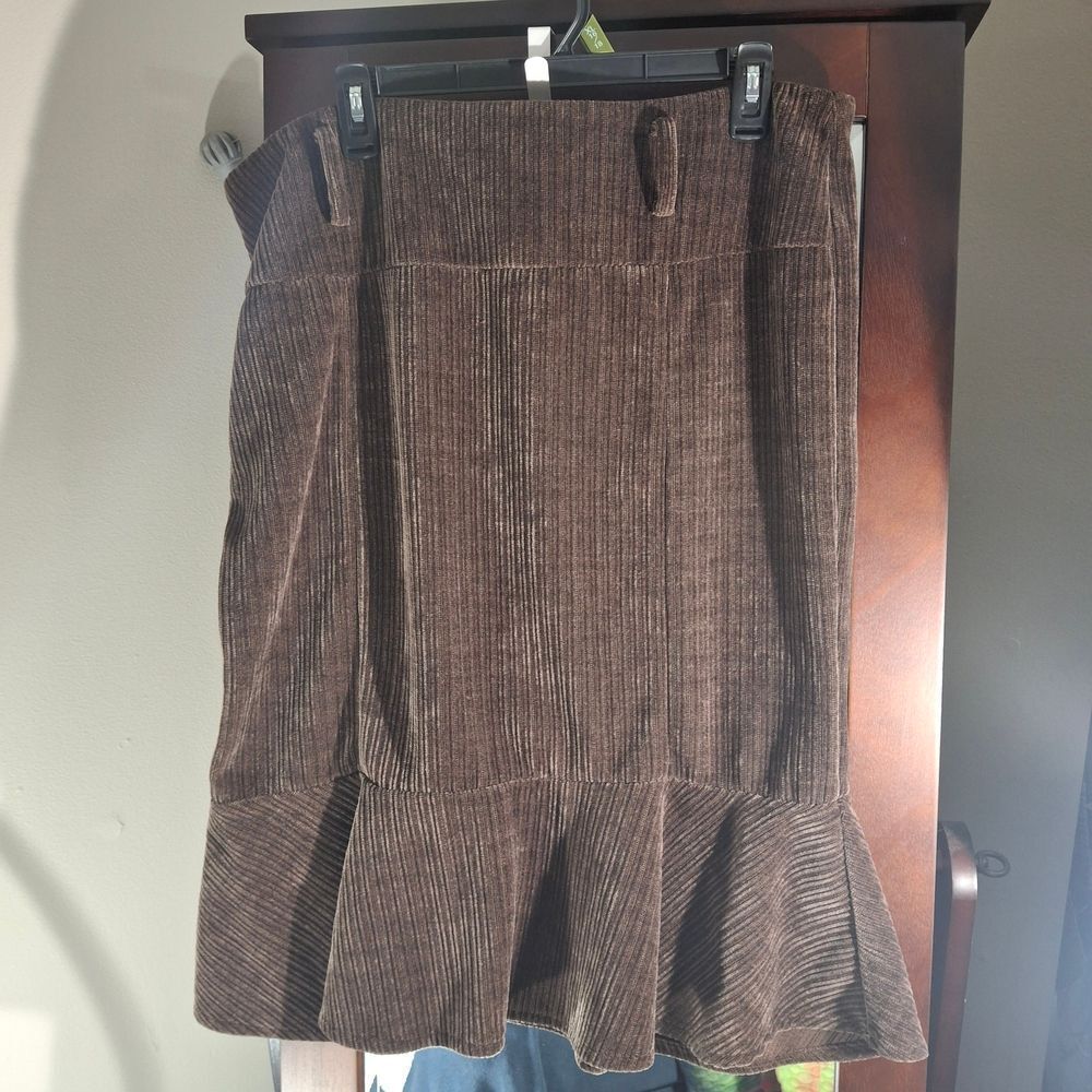 Midi Corduroy Ruffle-Hem Skirt in Brown